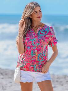 Sylviya Summer Peasant Paisley Printed Women's Casual Vacation Blouse With Dropped Shoulders Nashville Outfits Spring Clothes