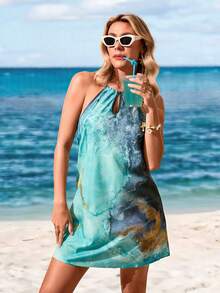 Sylviya Marble Print Keyhole Neckline Halter Dress - Multicolor - View 5