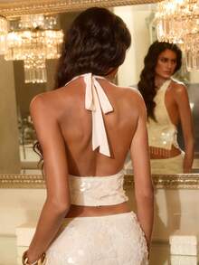 Opulessa Women's Fashionable Sexy Sequin Fringe Hem Backless Halter Top,Fall Winter , Dinner ,Christmas , New Year, Thanksgiving, Elegant Party, Luxury Evening,Weddings, Graduation,Women Party - Apricot - View 2