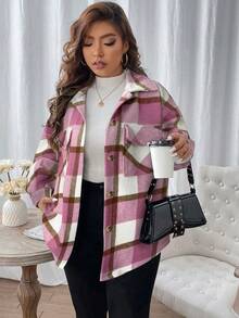 SHEIN LUNE 大码女式春秋落肩长袖格子实用口袋休闲夹克 - 彩色 - 查看 5