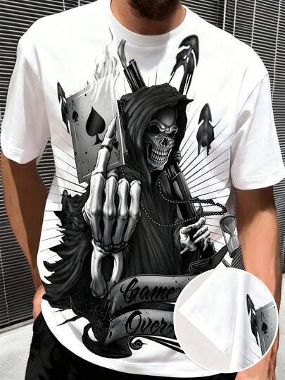 Manfinity Roughcore Camiseta casual masculina de manga curta com ombros caídos e estampa criativa, gola redonda versátil, verão