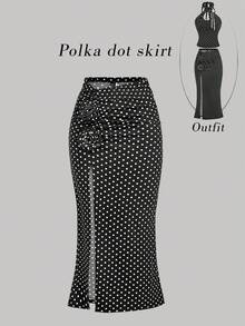 SHEIN MOD Women's 3D Floral Decor Low Waist Ruched Slit Fitted Pencil Skirt,Black White Polka Dot,Autumn,Elegant,Party,Christmas Elegant Split Skirts - Black and White - View 1