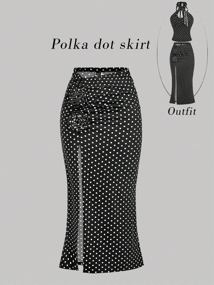 SHEIN MOD Women's 3D Floral Decor Low Waist Ruched Slit Fitted Pencil Skirt,Black White Polka Dot,Autumn,Elegant,Party,Christmas Elegant Split Skirts - Black and White - View 1