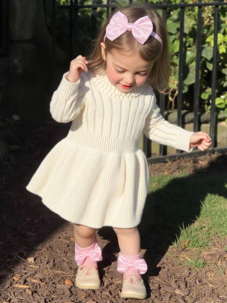 SHEIN Vintaside Kids 女婴杏色麻花针织高领毛衣连衣裙,柔软舒适,适合日常、户外、旅行、度假、居家、托儿所和女婴玩耍。冬季圣诞节万圣节开衫毛衣,秋季套头衫毛衣上衣连衣裙,圣诞套头衫,舒适精灵款,Prepcrw 圣诞套装,万圣节新生儿秋冬连衣裙 - 杏色 - 查看 1
