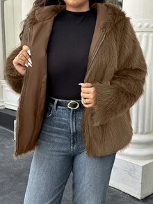 Easura Plus Size Women Fashion Faux Fur Zip-Up Hooded Jacket, Autumn/Winter - Brown - View 6