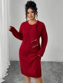 Elenzga Váy len dệt kim màu trơn cỡ lớn dành cho nữ đính ngọc trai, váy len đơn giản thường ngày thích hợp cho Giáng sinh, Halloween, trở lại trường, kỳ nghỉ, công sở, mùa thu/đông - Đỏ - Xem 6