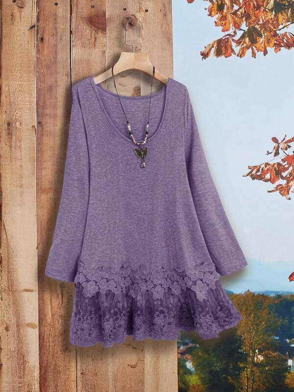 Rusticease Damen Große Größen Grau Rundhals Langarm Kontrast Spitze Saum Country T-Shirt, Herbst Damenbekleidung