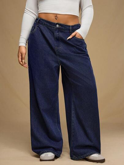 SHEIN Forever 21 Plus Size Women's Pocketed Wide Leg Loose Casual Washed Dark Blue Jeans