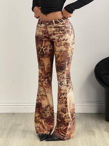 SHEIN Tall Tall Size Printed Sexy Stretch Fitted Washed Flare Jeans - Multicolor - View 3