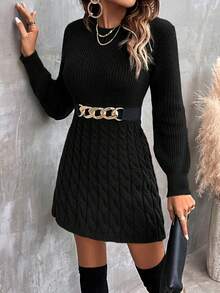 EMERY ROSE Round Neck Cable Knit Leisure Sweater Dress For New Year Clothes - Black - View 4