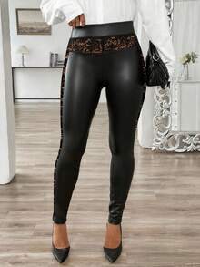 Elenzga Pantalon skinny grande taille en tissu élastique enduit avec dentelle contrastante - Noir - Voir 6