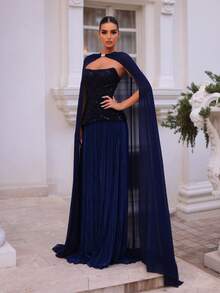 Glamrae Váy voan organza xếp ly họa tiết dệt thanh lịch, tay dài, dáng ôm, gấu thẳng, thích hợp mặc trong đám cưới, dạ hội, sự kiện, tiệc, công sở, váy khách mời hòa nhạc, váy dạ hội, váy trang trọng, áo choàng - Màu xanh hải quân - Xem 5