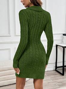 SHEIN Unity Collared Knit Long Sleeve Comfortable Sweater Dress - Army Green - View 2
