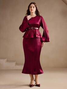 Anewsta Autumn/Winter Burgundy Vintage Ruffle Hem Pleated Plus Size Women's Mid-Length Dress - Burgundy - View 5