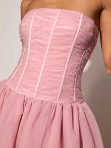 Enchnt 女式夏季纯色褶皱撞色网眼抹胸连衣裙 - 粉色 - 查看 2