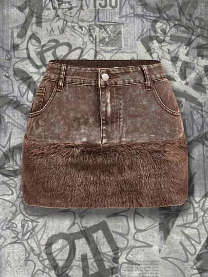 Y2Kool Minifalda de mezclilla con falso pelo de mujer, adecuada para la escuela, fiestas, eventos de invierno. Idea de combinación de ropa casual y elegante, nueva colección de atuendos para Año Nuevo