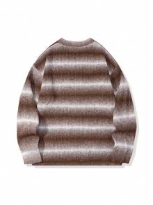 Manfinity Roghcode Men's Casual Contrast Color Loose Fit Crew Neck Sweater, Autumn/Winter Brown Sweater Men Earthy Men, Long Sleeve Top - Brown - View 4