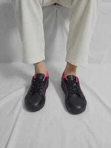 Tenis para hombre piel sintética cómoda punta redonda con agujeta suela gruesa estilo urbano casual para diario - Negro - Ver 2
