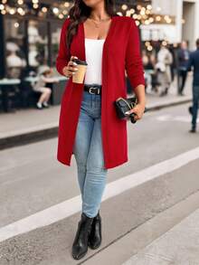 EMERY ROSE Christmas 1pc Women Plus Size Solid Color Long Sleeve Casual Comfortable Cardigan Sweater Winter - Red - View 3