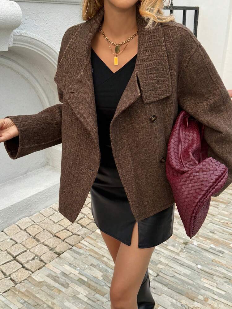 Women's Turndown Collar Short Casual Knitted Blend Jacket, Autumn/Winter Women Coats