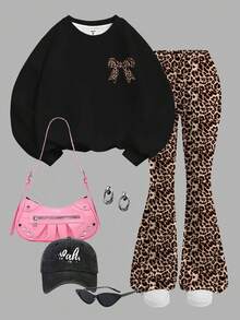 SHEIN Leap Crew Tween Girls Knit Crew Neck Letter Graphic Loose Sweatshirt And Flare Pants Casual 2 Pieces Set - Multicolor - View 2