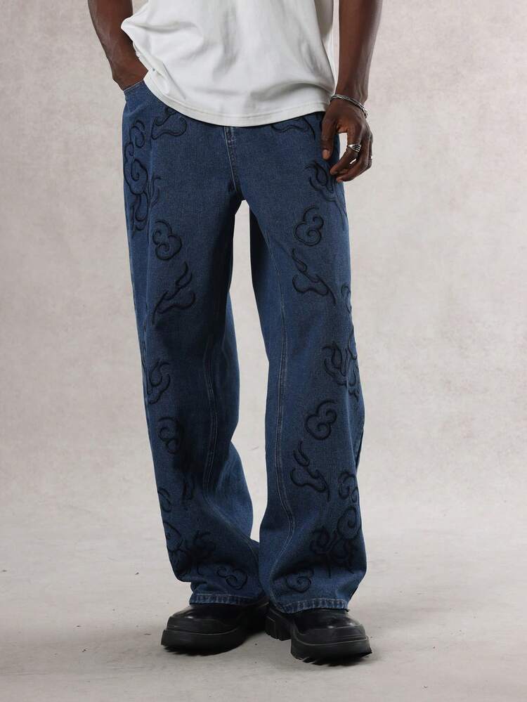 Men's Casual Washed Embroidered Straight Leg Jeans
