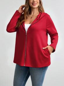 SHEIN LUNE 大码女式秋冬休闲外套，万圣节服装拉链连帽外套带口袋，百搭秋冬外出外套 - 酒紅色 - 查看 5
