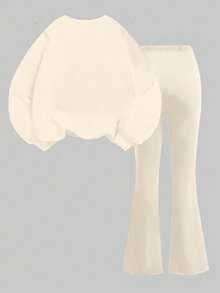 SHEIN 2 件年轻女孩休闲宽松豹纹蝴蝶结卫衣套装，奶油白色，适合秋冬