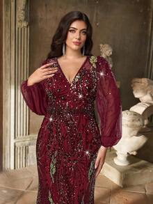Aureia Đầm cỡ lớn sang trọng, thanh lịch, lãng mạn, cổ chữ V đính sequin và hạt cườm, tay phồng, dáng đuôi cá ôm sát, thích hợp cho tiệc tối, hẹn hò, dạ hội, đám cưới, lễ tốt nghiệp, kỳ nghỉ, ngày Valentine. - Màu Đỏ Sâu - Xem 4