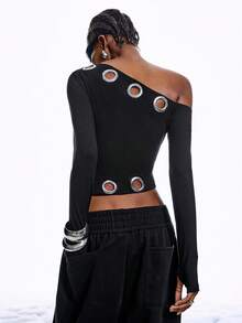 LYSMO 2025 New Arrive Minimalism Winter Women's Fashionable Commuter Asymmetrical Hollow Shoulder Long Sleeve T-Shirt, Black Grommet Top Winter New Year Look And Christmas - Black - View 2