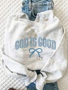 INAWLY Women's Casual Round Neck Long Sleeve Letter & Bow Pattern Versatile Sweatshirt - Light Grey - View 3