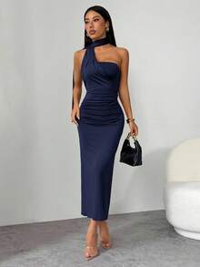 SHEIN PETITE Women's Navy Blue Summer Elegant Party Night Dress,Asymmetrical Flare Sleeve Loose Casual Dress For Vacation,Beach,Boho,Hawaii,Music Festival,Work - Navy Blue - View 7