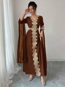 Rafferiza Áo choàng Abaya chắp vá tay dài cho nữ, váy Kaftan viền ren màu trơn - màu nâu - Xem 4