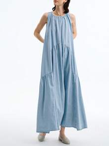 Aalyst 纯色圆领无袖休闲牛仔连衣裙，夏季 - 淺色水洗藍 - 查看 3