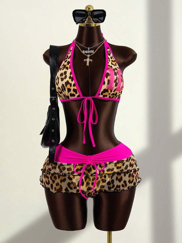 Zestiva 3pcs Women's Leopard Print Halter Neck Bikini Set With Tie-Up Top, Triangle Bottom And Contrast Color Drawstring Mini Skirt