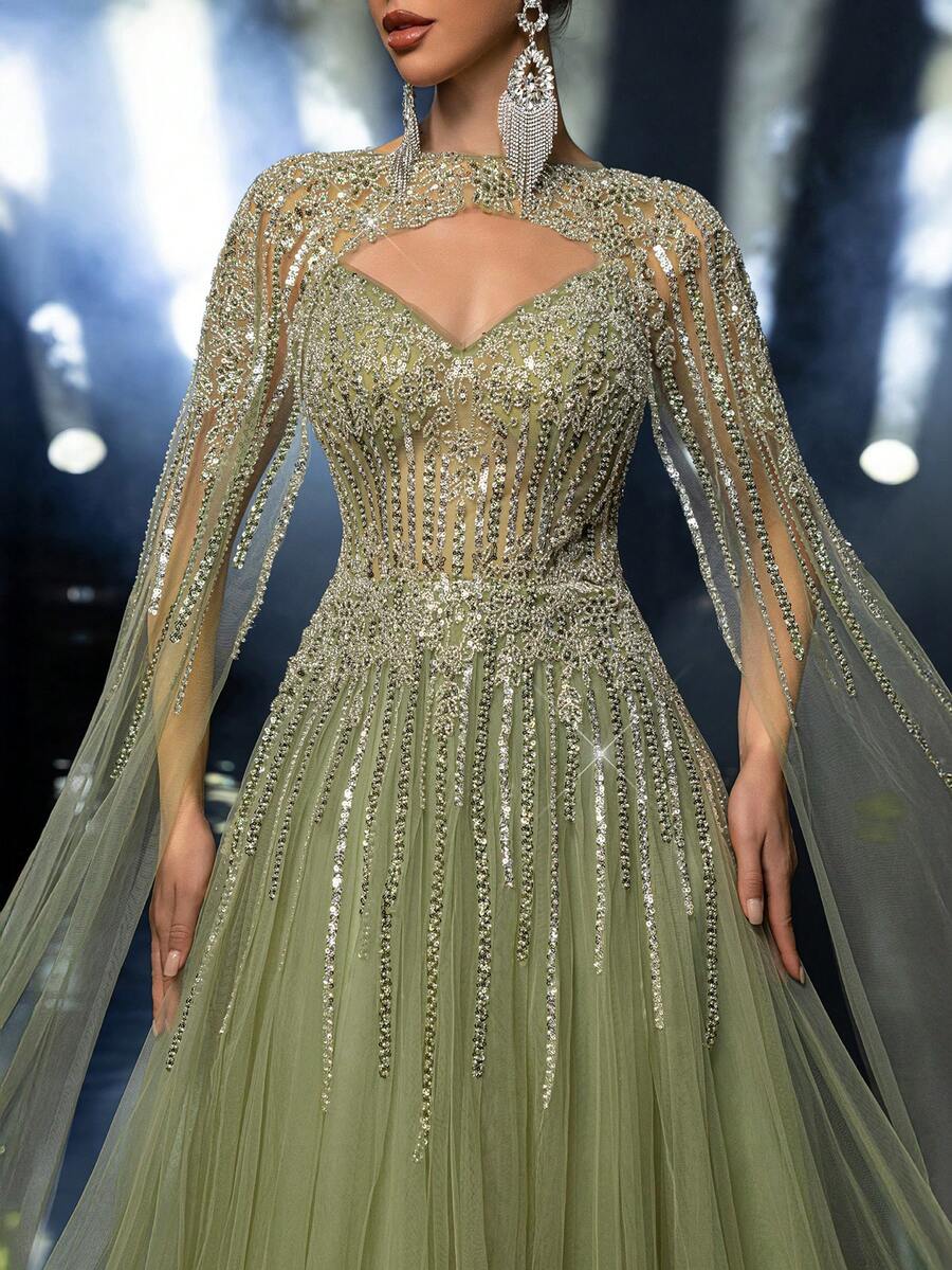 Glamrae 优雅奢华的草绿色串珠亮片花卉可拆卸泡泡袖露肩长裙，适合婚礼、派对、度假、庆典、正式活动（大量装饰） - 草綠色 - 查看 1