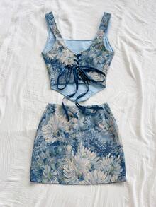 Soleia Winter And Summer Christmas  Vintage Blue Palace Style Floral Jacquard 2 Pieces Set: Bustier With Button Front And Tie Back, Mini Skirt, Spring/Summer Floral Two Piece Set Summer Two Piece Set Two Piece Set Floral Mini Skirt Set Printed Two Piece Set Summer Skirt And Top Set Beach 2 Piece Set Tropical Two Piece Set New Year Clothes  Party  For Women Beach  Elegant 2 Pieces Set For Women Formal - Multicolor - View 2