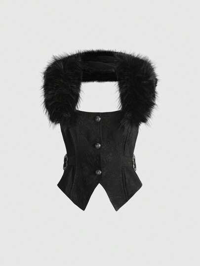 Goth Dark Palace Gothic Vintage Jacquard Textured Fabric Patchwork Fur Collar Jacket