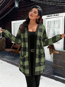 Calvaya Chaqueta de cuadros rojos de Navidad de talla grande con bolsillos dobles para ropa de Año Nuevo - Verde militar - Ver 4