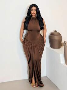 Maweii Vestido ajustado sin mangas con cintura fruncida de talla grande - Café integral - Ver 5