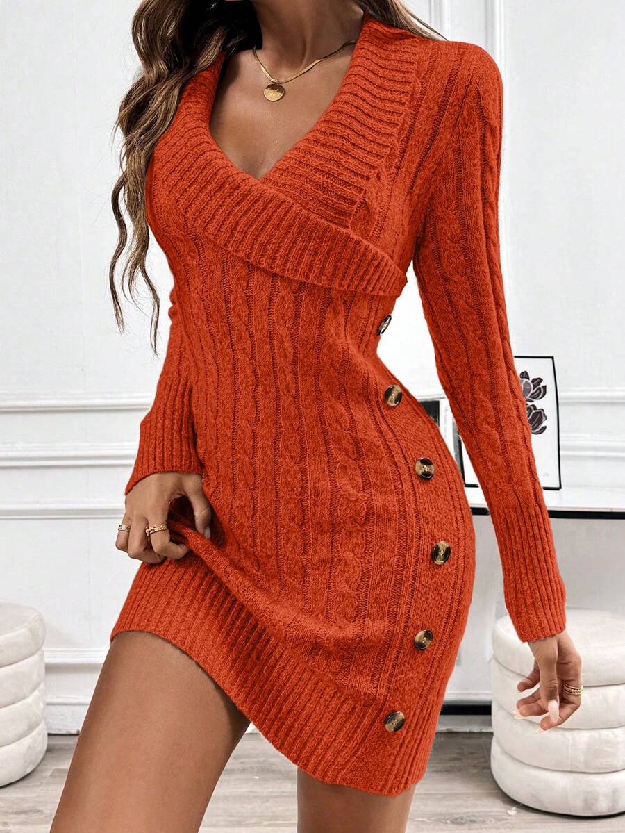 Chiquease Váy len dài tay dệt kim cổ bẻ thoải mái - trái cam - Xem 1