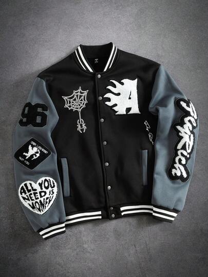 PAVTROS 男士休闲撞色字母植绒拼接条纹边棒球长袖夹克，秋季男士街头风拉链定制夹克，棒球夹克，男士学院风夹克