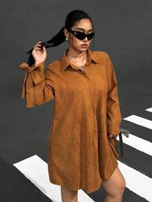SHEIN EZwear 秋冬大码复古系带绒面革连衣裙 - 棕色 - 查看 7