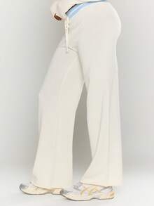 MUSERA Low Rise Contrast Drawstring Waistband Wide Leg Lightweight Knit Trousers Only Spring Summer Vacation Elegant Beach Cute Airport The Beach House Airport Holiday Fall Back To School Autumn Winter Everyday    Chic Sweater - Cream - View 4