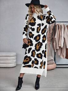 SHEIN LUNE Vestido de punto casual de cuello alto, hombros caídos y manga larga con estampado de leopardo para mujer, otoño/invierno - Multicolor - Ver 4