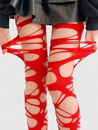 Goth Sexy Damen Zerrissene Netzstrumpfhose in Schwarz