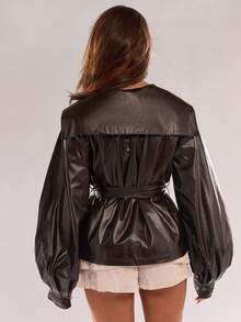 SHEIN BAE Women's Solid-Color Lantern Sleeve PU Leather Fashion Waist-Defining Jacket, Fall Edition Premium Fashion Fall/Winter Jacket Outerwear Dark Brown Outerwear Elegant Casual Fall/Winter Coat Fashion Piece