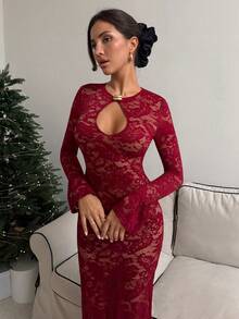 Aloruh 女装秋冬新款纯色酒红色连衣裙，船领金属纽扣装饰长袖连衣裙，喇叭袖设计蕾丝连衣裙，派对连衣裙，圣诞连衣裙 - 酒紅色 - 查看 4