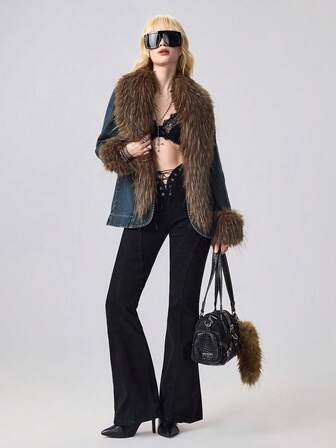 Grunge Punk Chaqueta vaquera con cuello de solapa y parche de piel sintética estilo retro Y2K Millennium para mujer