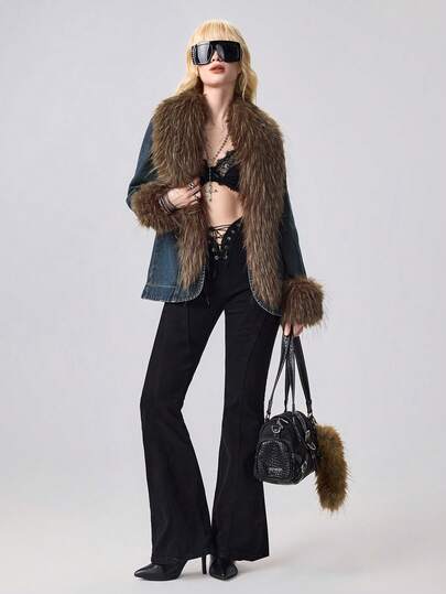 Grunge Punk Women's Y2K Millennium Retro Babe Patchwork Faux Fur Collar Lapel Denim Jacket